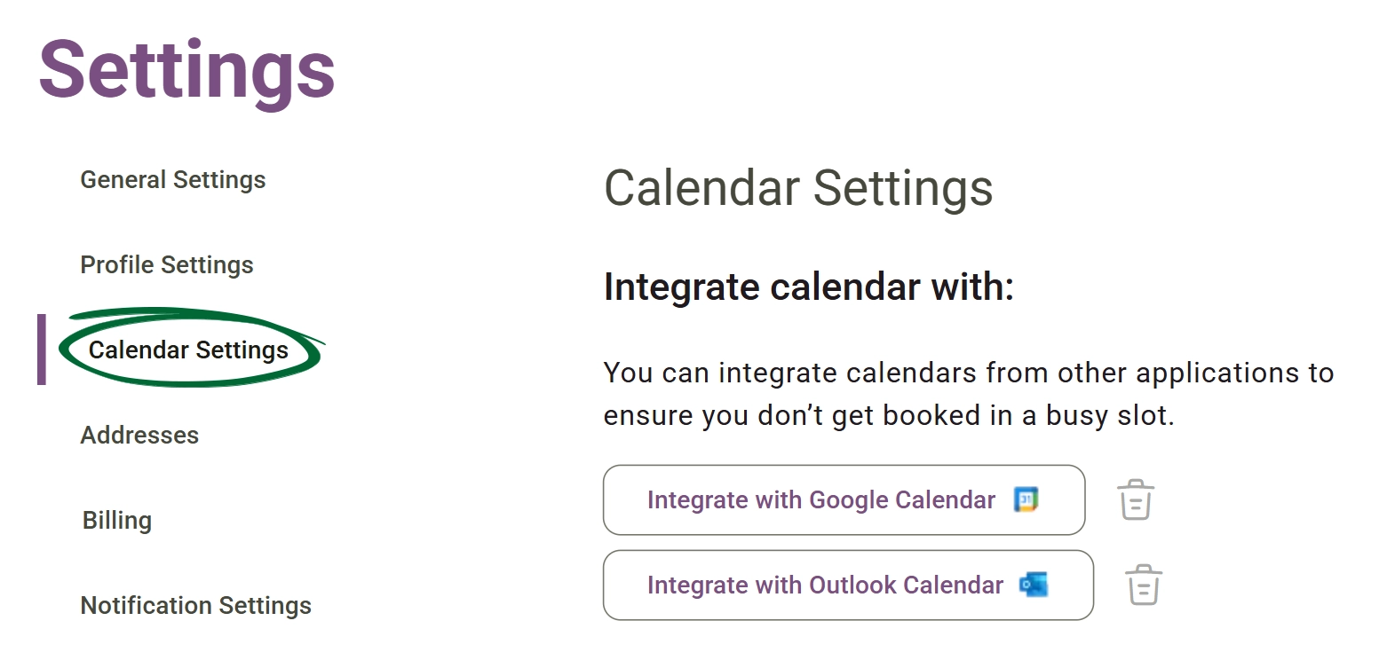 Open calendar integration settings.screenshot